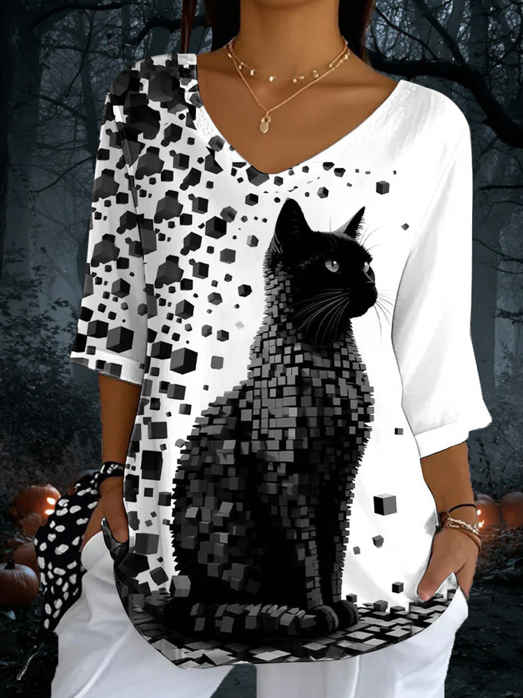 Women's Cat Print Casual Half Sleeve Top elevenforest