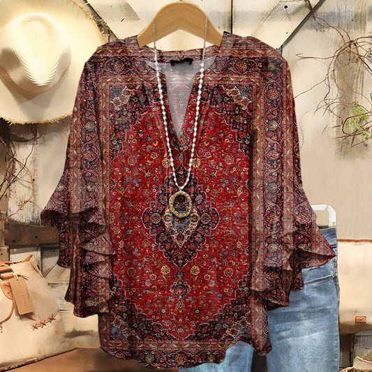 Women's Vintage Retro Ethic Art Print Casual Cotton And Linen Shirt