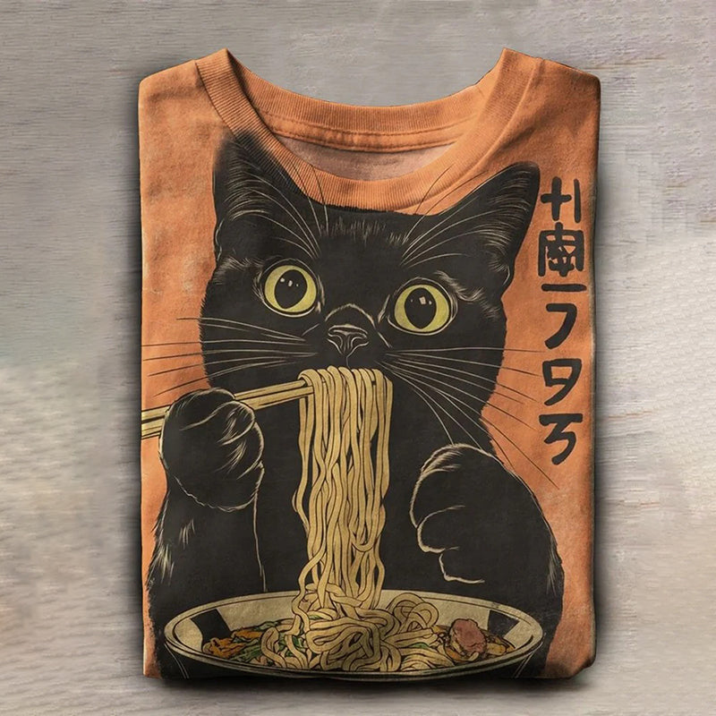 Retro Cute Black Cat Eating Ramen Art Print  T-shirt elevenforest