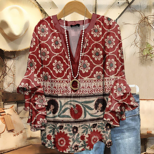 Women's Ethnic Floral Art Print Casual Ruffle Sleeve Top