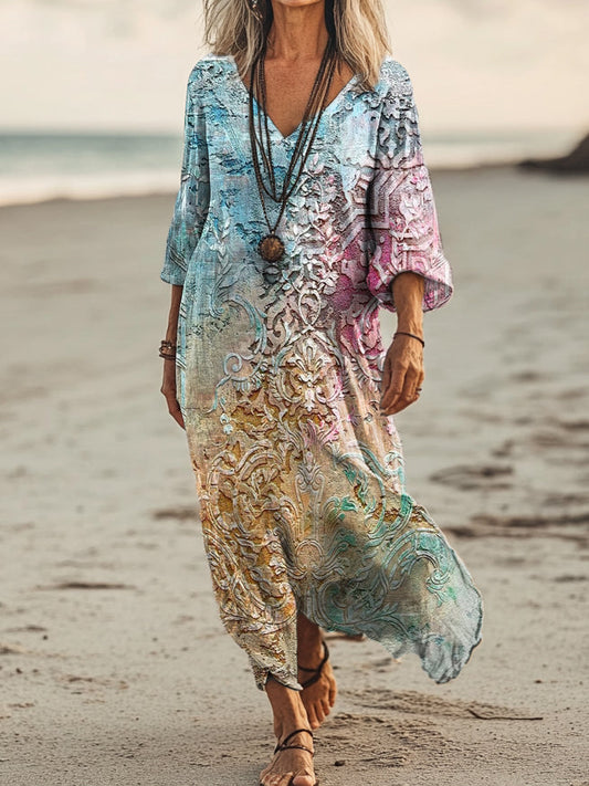 Women's Retro Ethnic Gradient Totem Art Print Pocket Cotton Dress