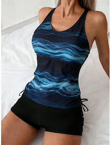 Swimwear Tankini 2 Piece High Waist Swimsuit Tummy Control High Waist Slim Backless Vacation Beach Wear Ombre U Neck Sleeveless Bathing Suits