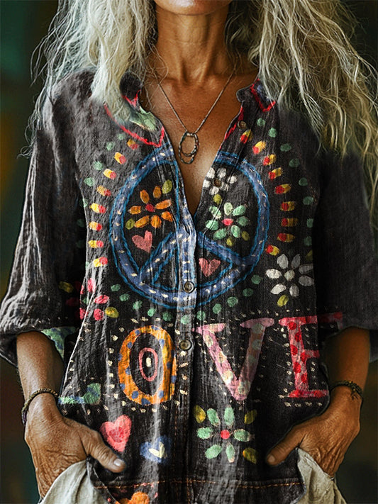 Women's Hippie Love Art Print Casual Cotton Linen Shirt
