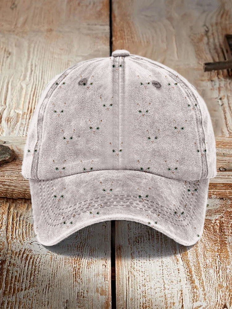 Cute Cat Face Pattern Vintage Washed Cap elevenforest
