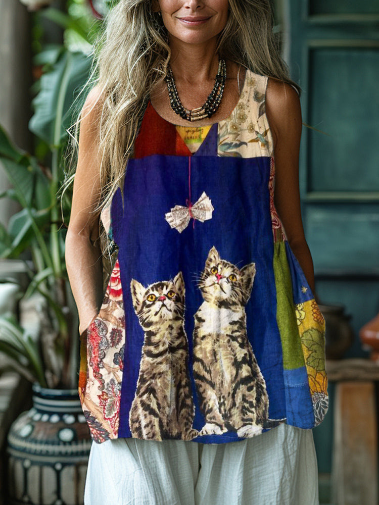 Geometric Cat Pattern Vintage Linen Tank Top elevenforest