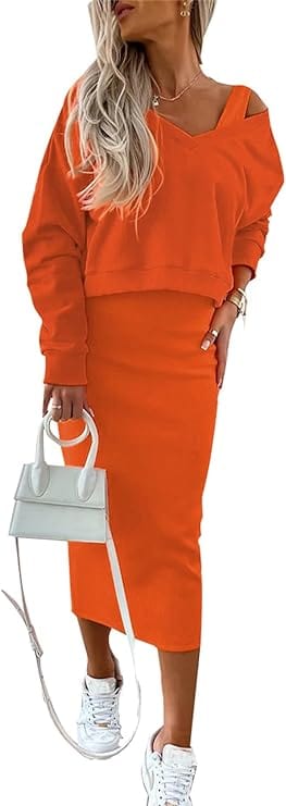 LD | Trui met losse V-hals + gebreide wikkelrok met slanke pasvorm op de heupen