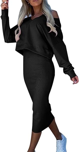 LD | Trui met losse V-hals + gebreide wikkelrok met slanke pasvorm op de heupen