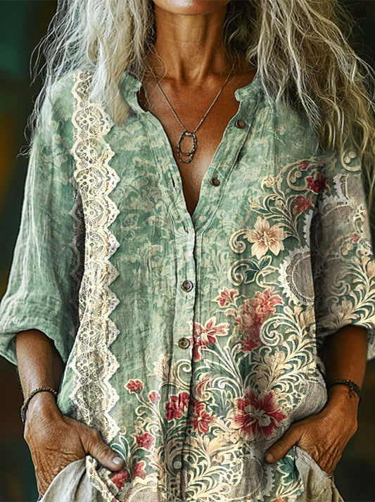 Women's Vintage Folk Collage Floral Print Casual Cotton And Linen Shir