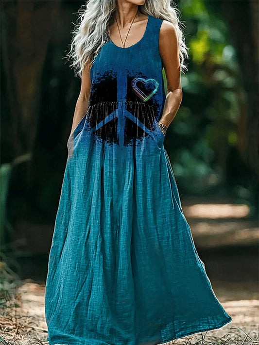 Women's Hippie Art Print Crew Neck Sleeveless Cotton Pocket Dress