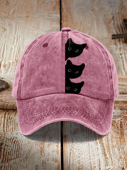 Peeking Black Cats Pattern Vintage Washed Cap elevenforest