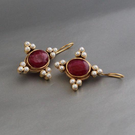 Red Stone Pearl Earrings