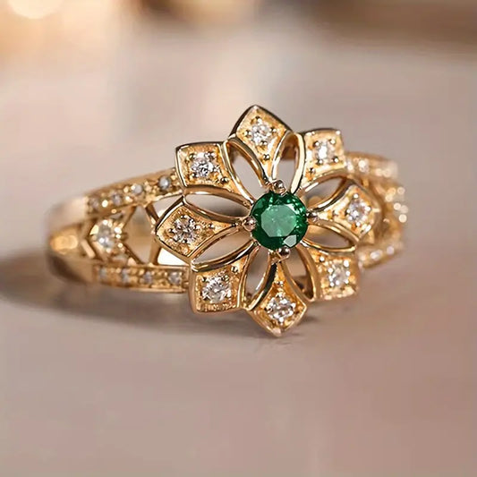 Green Zirconia Flower Gold Ring