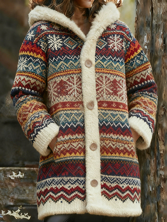 Comstylish Colorful Fair Isle Patterned Warm Hooded Long Cardigan