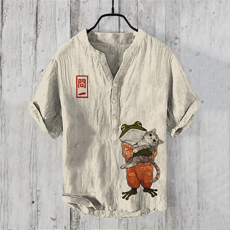 Retro Japanese Kimono Frog Cat Art Print Half Button Linen Blend Shirt elevenforest