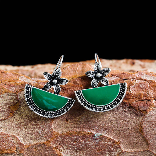 Vintage Green And Silver Flower Earrings