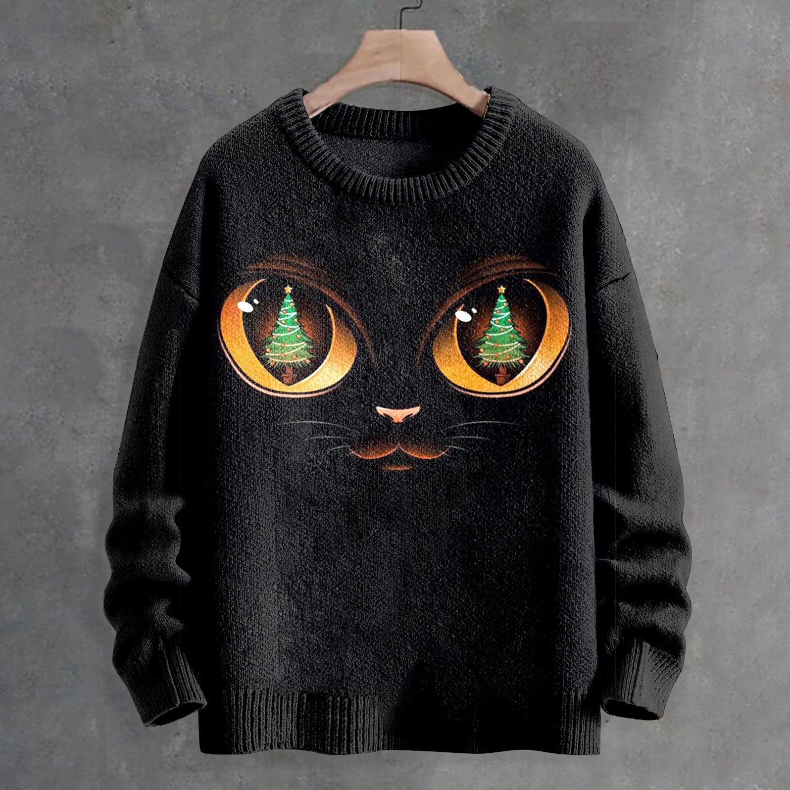 Men's Christmas Tree In Cat Eyes Print Casual Knit Crew Neck Sweater elevenforest