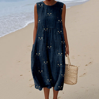 Cute Cat Face Pattern Comfy Linen Tank Dress elevenforest