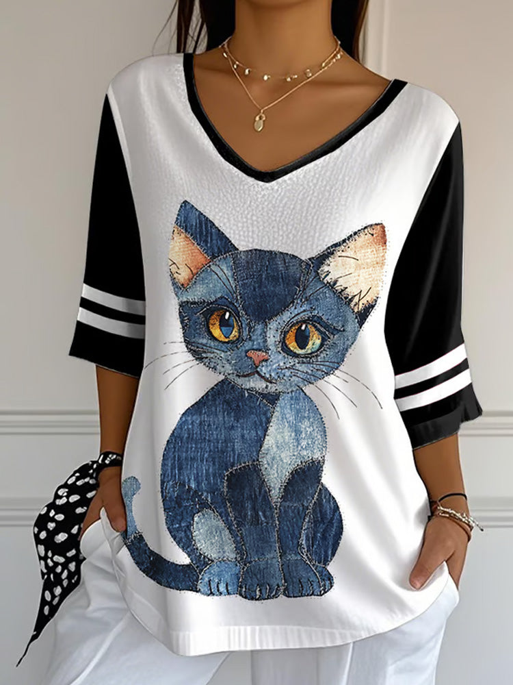 Women's Animal Cat Print Mid Sleeve T-shirt elevenforest