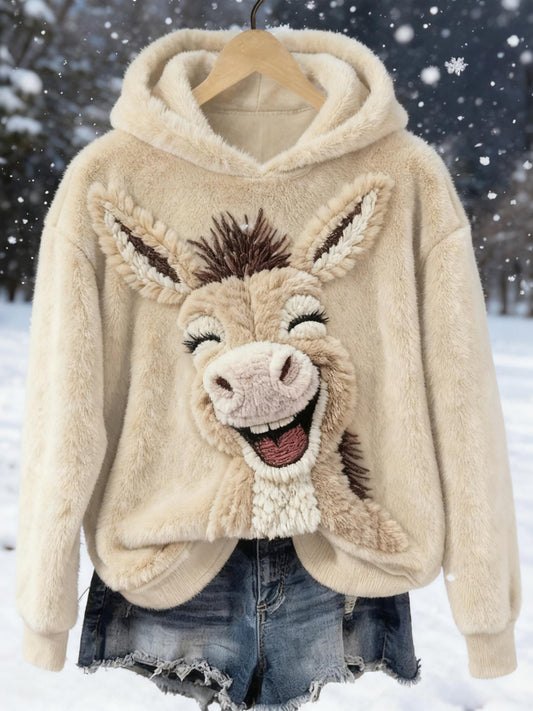 Cute Smiling Donkey Embroidered Cozy Plush Hoodie