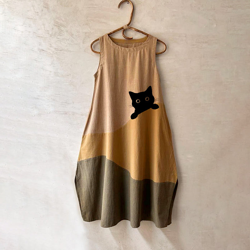 Women's Cute Black Cat In Contrast Color Design Midi Dress elevenforest