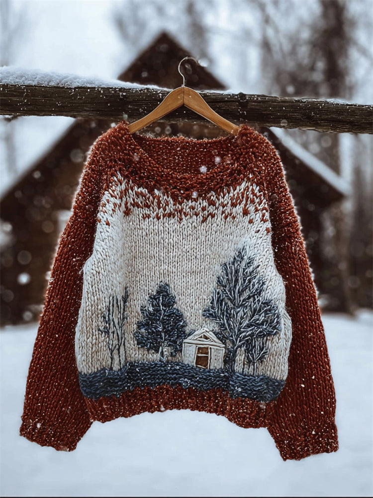 Comstylish Winter Forest Cottage Landscape Contrast Knit Isle Sweater
