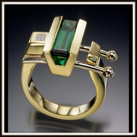 Green Rectangular Glass Gold Ring
