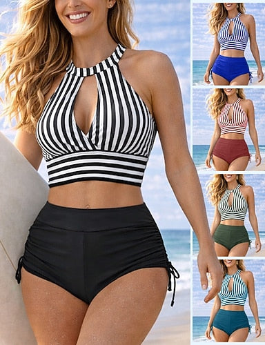 Halter Bikini Top Bathing Suit 2 Pieces Stripes Ruched Side Uv Protection Elastic Sleeveless Swimwear Swimsuit Surfing Diving Swimming Summer