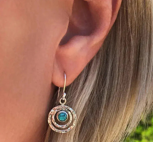 Saturn Earrings With Turquoise Stone in Silver and Gold