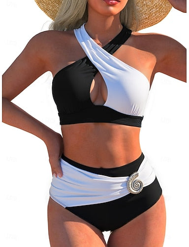 Swimwear Bikini 2 Piece Briefs Swimsuit Slim Backless Vacation Beach Wear Color Block Halter Neck Sleeveless Bathing Suits