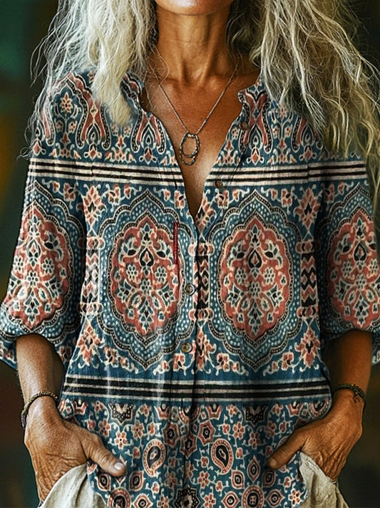 Women's Vintage Ethnic Floral Collage Art Print Casual Cotton Linen Sh