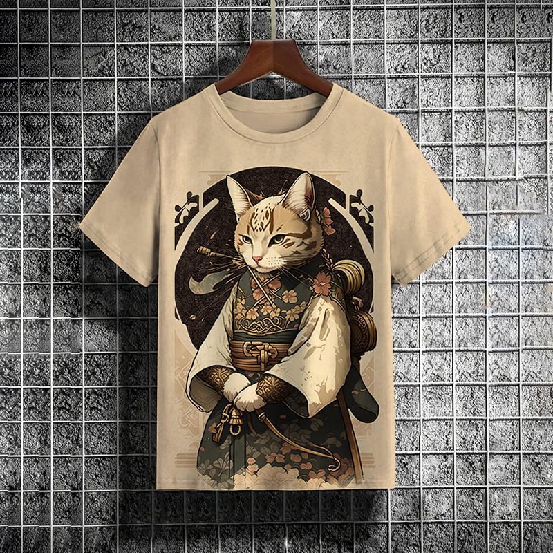 Men's Cat Wearing Kimono Print Short Sleeve Casual T-Shirt elevenforest