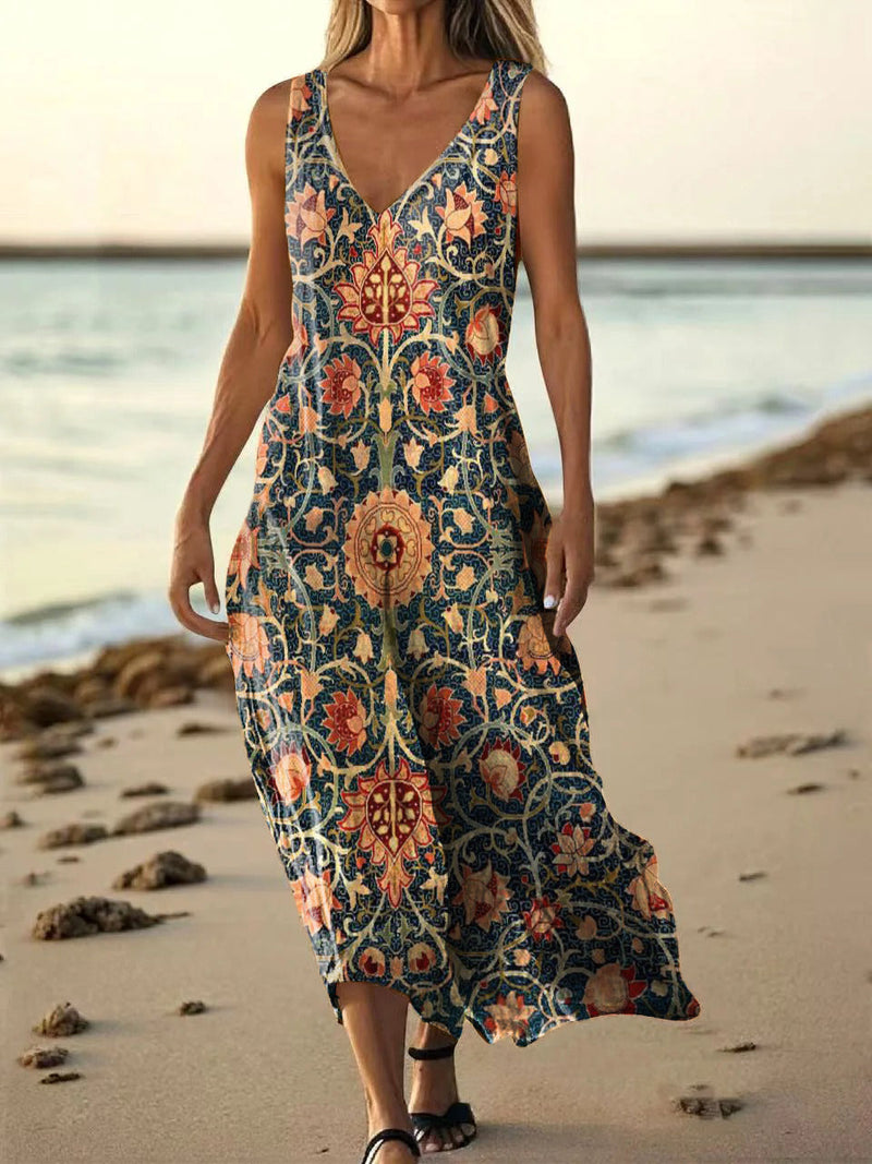 Women's Ethnic Totem Flower Art Print Pocket V Neck Cotton Dress