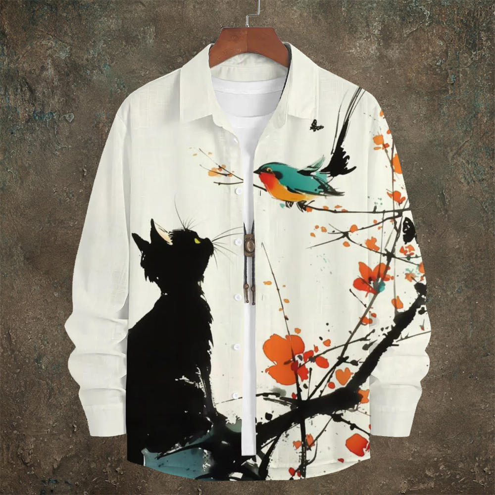 Black Cat & Bird Japanese Art Men's Linen Long Sleeve Shirt elevenforest