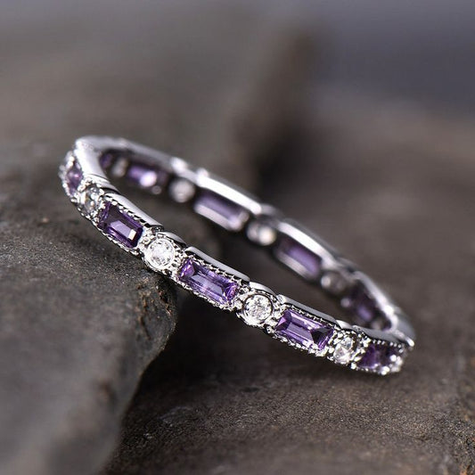 Purple Inlaid Crystal Silver Ring