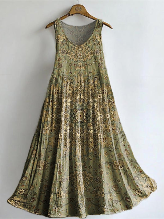 Women's Vintage Ethnic Art Pattern Print Sleeveless Cotton Pocket Dres