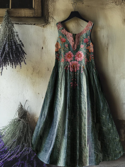 Women's Vintage Floral Pattern Art Print Round Neck Sleeveless Cotton