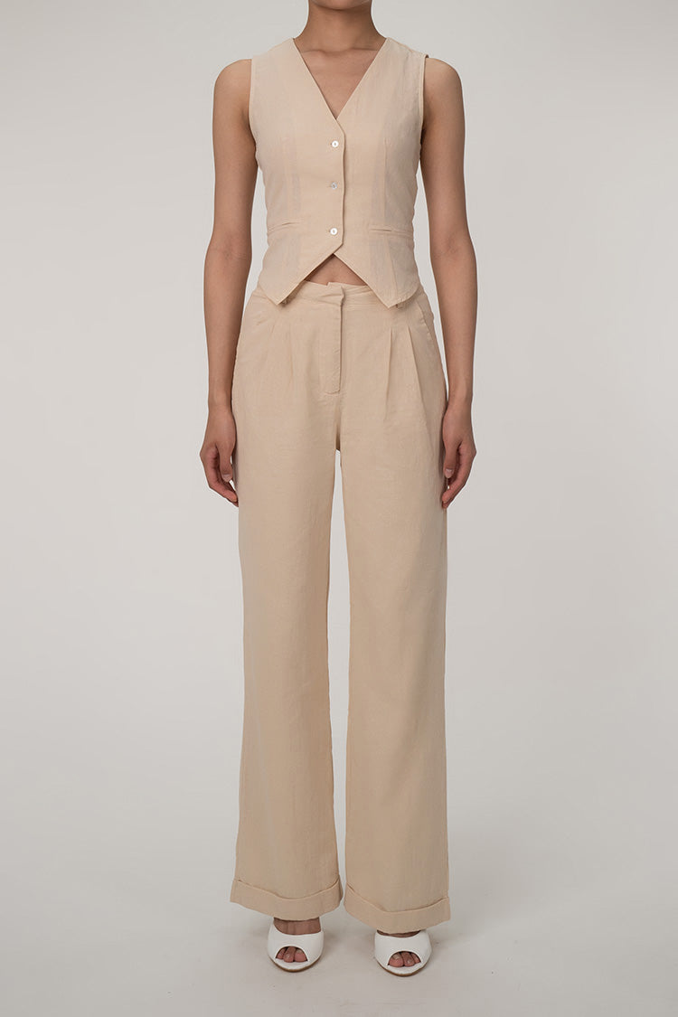 LD | Casual V-hals knoop front gilet wijde pijp tweedelige katoen geplooide broek set