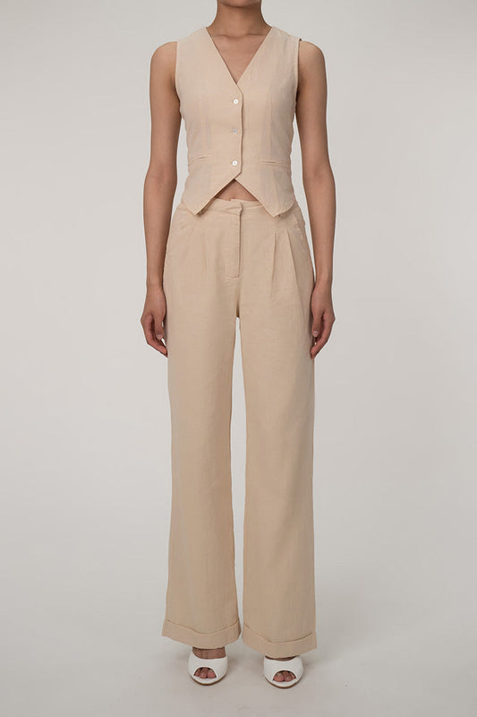 LD | Casual V-hals knoop front gilet wijde pijp tweedelige katoen geplooide broek set