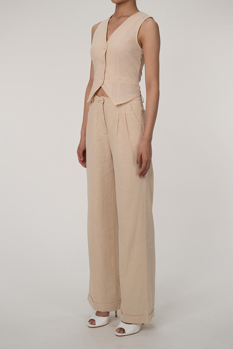 LD | Casual V-hals knoop front gilet wijde pijp tweedelige katoen geplooide broek set