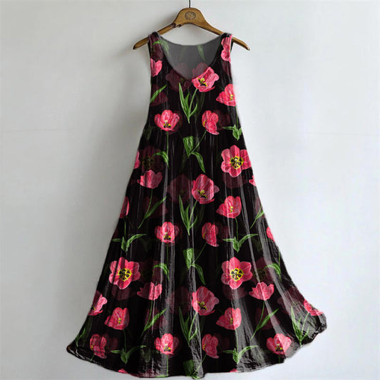 Women's Tulip Floral Art Print Sleeveless Cotton Pocket Dress