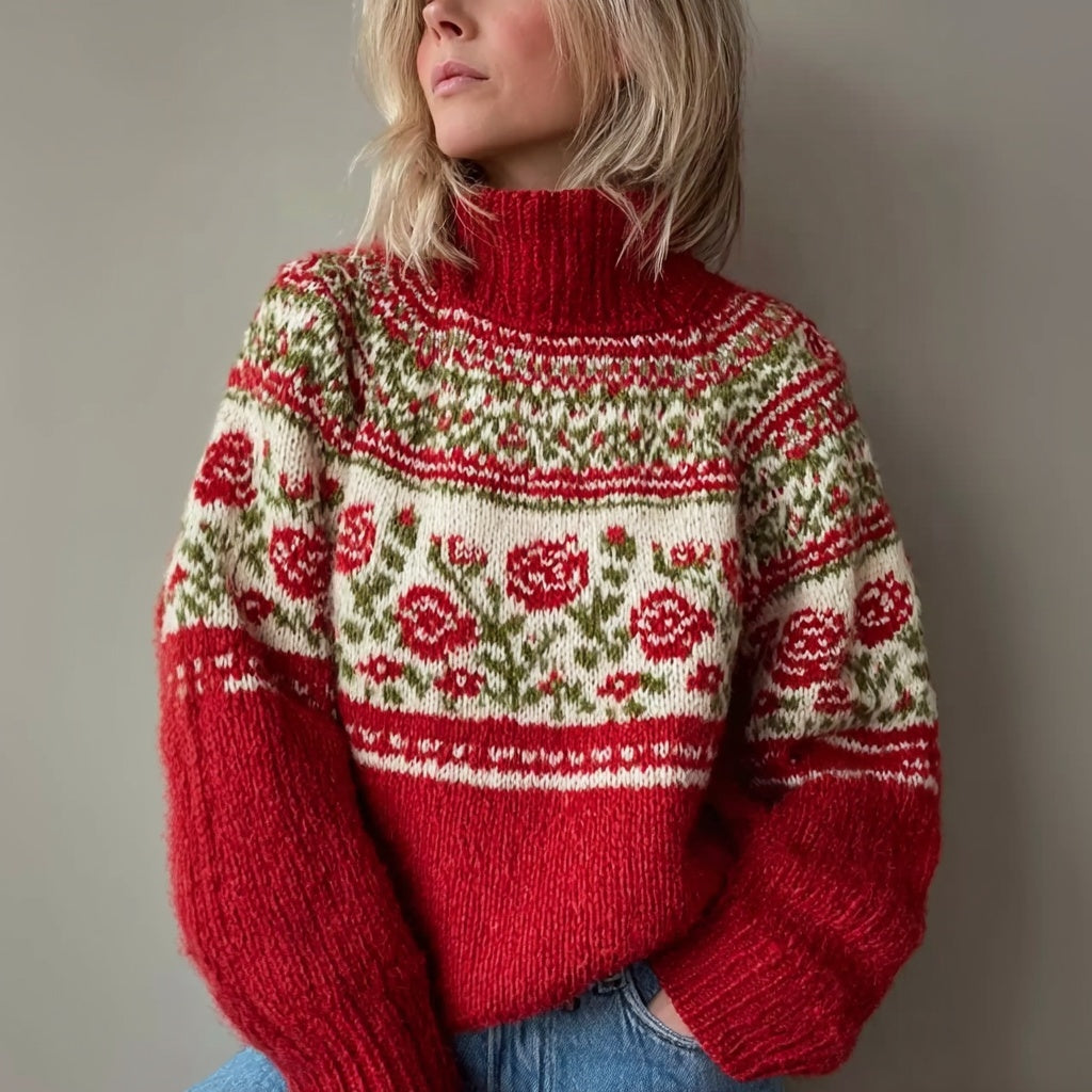 Vintage Floral Fair Isle Pattern Knit Turtleneck Sweater artswardrobe