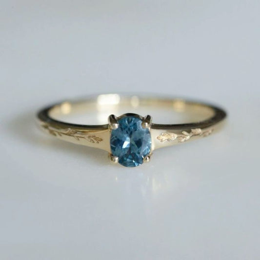 Blue Crystal Rounded Floral Gold Ring