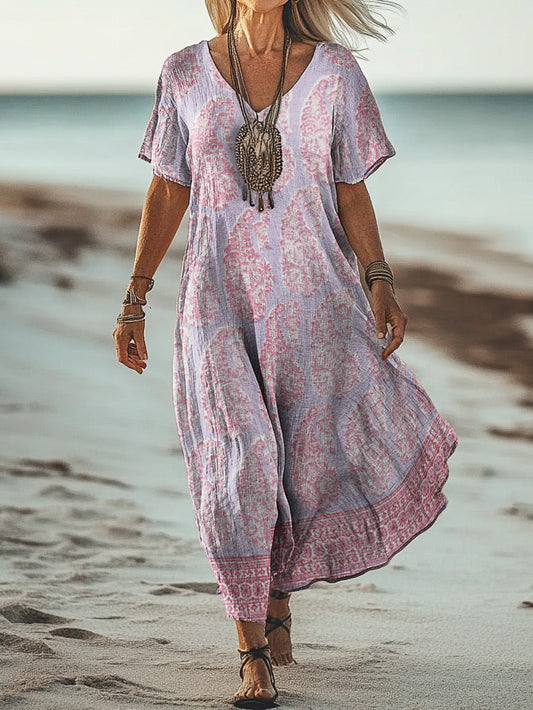 Women's Art Floral Hippie Vintage Print V Neck Dress