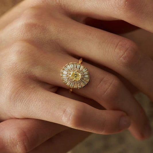 Rounded Mandala Yellow Crystal Ring