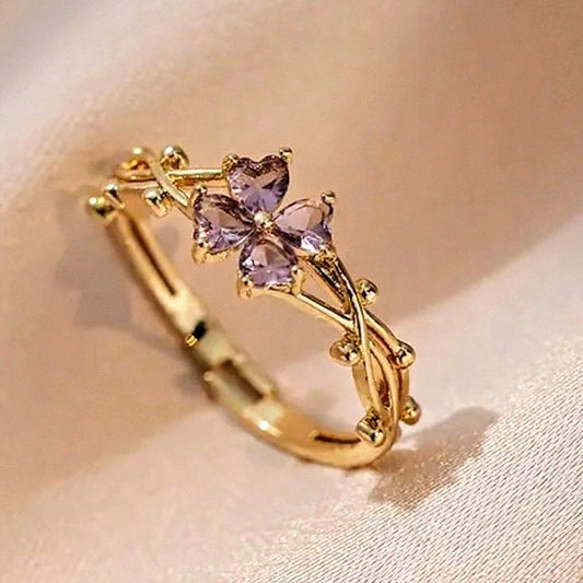 Purple Floral Gold Crystal Ring