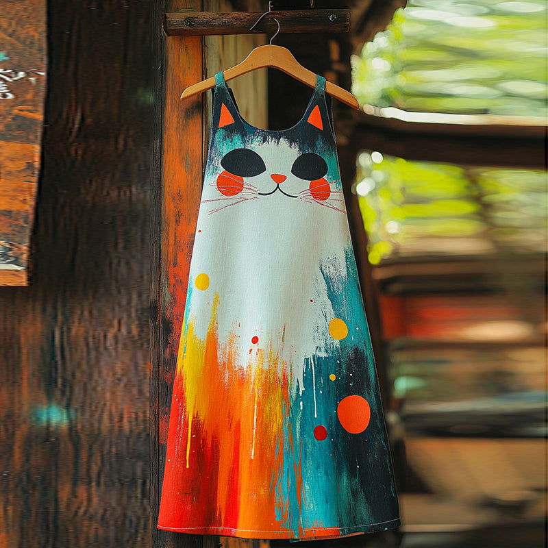 Pop Art Oil Painting Cute Cat Cotton Linen Dress elevenforest