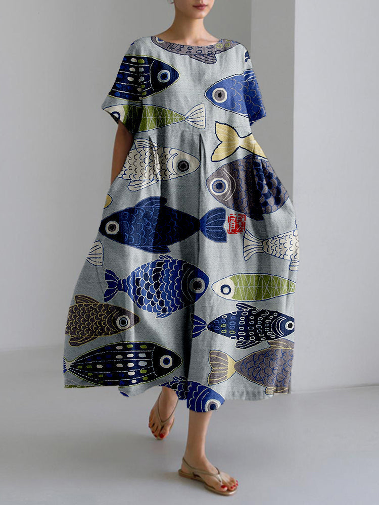 Vintage Fish Japanese Art Linen Blend Midi Dress