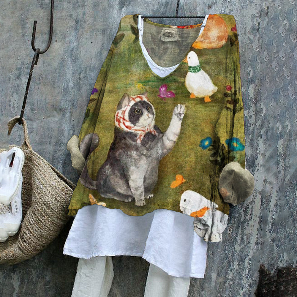 Babushka Cat & Duck Fun Patterned Women's Linen Flowy Shirt elevenforest