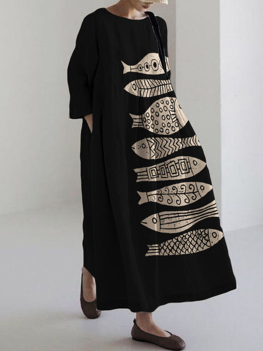 Fish Japanese Lino Art Flowy Linen Blend Maxi Dress
