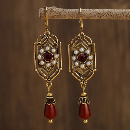 Red Crystal Pearl Gold Earrings